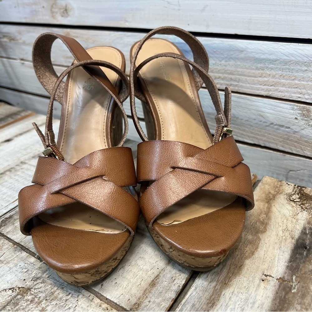 Express Tan Faux Leather Cork Wedge Platform Ankle Strap Sandals Size 8 - Picture 3 of 10